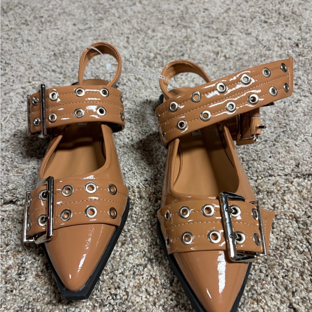 Stylish Tan Women's flat Shoes with Buckle Detail